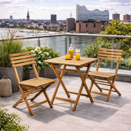 LEBENSwohnART Teak Klappstuhl Set Bistro – 3-TLG. Balkonmöbel Balkonset Bistroset Outdoormöbel