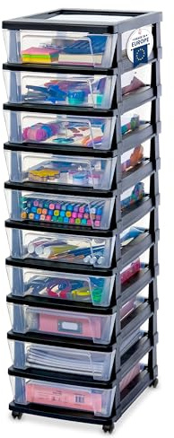 Iris Ohyama, Rollcontainer Kunststoff auf Rollen, 10 Kompakte Schubladen, Schwarz, Leichtes Öffnen, Aufbewahrung, für Schreibtisch, Garage, Organizer, Schrank, BPA-frei, KMC-010