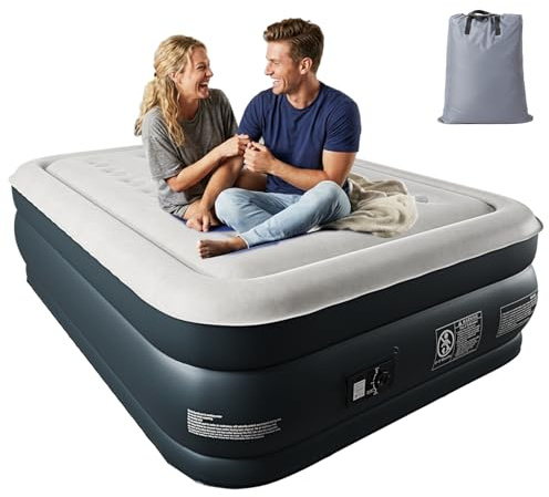 Bonnlo Double AirBed, Inflatable Mattress with Built-in Electric Pump, Air Mattress Self Inflating,190x137x46cm Flocked Surface, 200kg Capacity for Outdoor Camping & Guest Use (Grey/White)