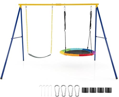 RELAX4LIFE Altalena Doppia da Giardino Modello 2026 con Struttura Portante 300kg, 2 Posti: Altalena a Nido 100cm+Sedile Classico per Bambini e Adulti, Gioco Interno/Esterno, 4 Picchetti Più Spessi
