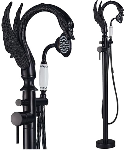 Freistehende Badewannenarmatur SWAN für Bodenmontage mit drehbarem Auslauf, Handbrause, keramischer Kartusche, Messingkörper und Wasserstrahl mit Luftbeimischung (Schwarz)