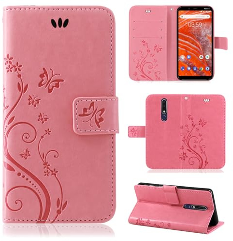 betterfon Hülle Kompatibel mit Nokia 7.1 | Premium PU Leder Handyhülle Wallet Case für 7.1 | Schutzhülle Blumen Klapphülle Handyhülle | Rosa