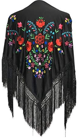 La Senorita Spanischer Manton/Tuch schwarz mit verschiedene Blumen-Franzen schwarz Größe L