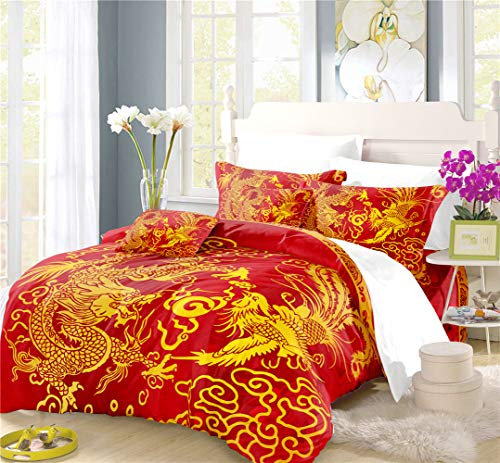 REALIN Housse De Couette Dragon Traditionnel Et Phénix Parure De Lit Style Chinois,1 Et 2 Personnes Lit 135/140/200/220,2/3/4 PCS Housse De Couette/Taies d'oreiller/Drap (A,King-220×230cm-4PCS)