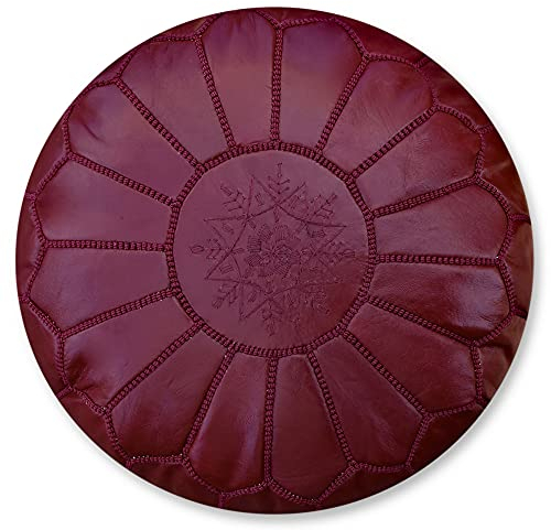Poufs&Pillows Marokkanischer Echtleder Pouf - Handgefertigt - Gefüllt Geliefert - Ottoman, Sitzsack, Fußhocker, Puff (Bordeaux)
