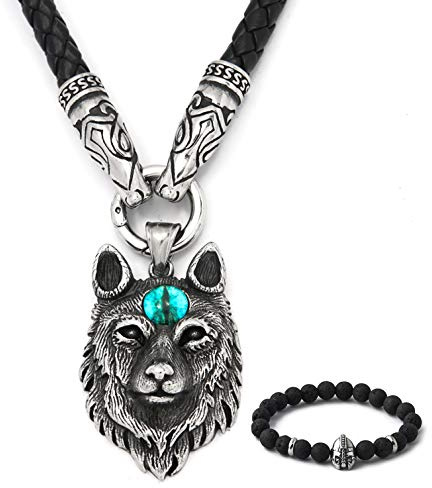BaviPower Viking Thors Hammer Mjolnir Fenrir Wolf Head Axe Pendant Talisman Amulet Powerful Protection Stainless Steel Necklace for Men Women