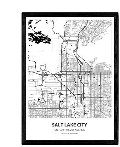Nacnic Poster mit Karte von Salt Lake City - USA. Blätter von US-Städte mit Meeren und Flüssen in schwarz und weiß. A3
