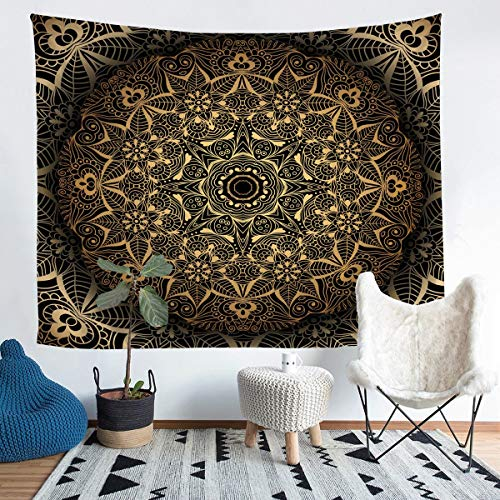 Boho Mandala Wandteppich 148x200cm Tapisserie böhmischen Stil für Teenager Luxus Golden Schwarz Mandala Dekor Wandbehang Exotisches Blumenmuster Wandtuch
