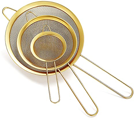 HOMQUEN Gold Fine Mesh Sieb 3-Teiliges Set, Golden Flour Sieb zum Backen, Edelstahl Clander, Gold Matcha Teesieb, Soßenabscheider, Stasher Sieb Nudelsiebe