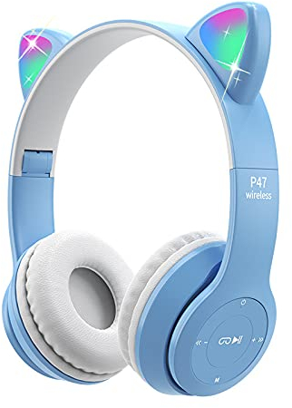 Joso Kids Headphones, Bluetooth Cat Ear Headphone with Mic, LED Light for Online Learning, School, Travel, Tablet, Smartphone, Wireless Headset Foldable for Girls Boys Aged 5+ (Blue)