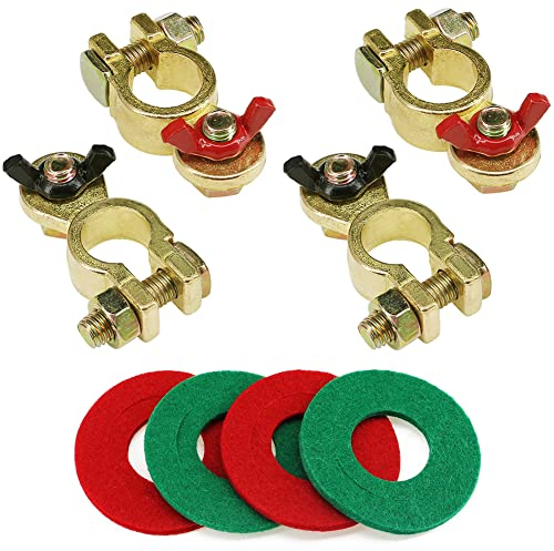 Cadoal 12V/24V Battery Terminals Connectors with Wing Nut, 4PCS Positive & Negative Copper Battery Cable Clamps Set with 4pcs Battery Terminal Washers for RV Motorbike Truck Boat Caravan