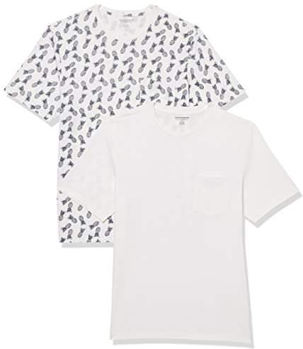 Amazon Essentials Men's T-Shirt Slim-Fit Short-Sleeved Crewneck Pocket, Pack of 2, White/Pineapple Print, XS