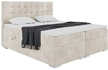 MEBLINI Boxspringbett mit Bettkasten - Gepolstert Doppelbett mit Matratze und Topper - Polsterbett mit Stauraum - Bett mit Kopfteil - Stauraumbett - Claudia - 180x200 - H4/Creme Samt