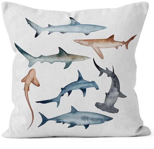 HIWX Haie Aquarell Hai Liebhaber dekorativer Kissenbezug Überwurf Kissenbezug Lustiger Bauernhaus Ozean Tier Fisch Hai für Sofa Couch Kinderzimmer Heimdekoration 45,7 x 45,7 cm Kissenbezug