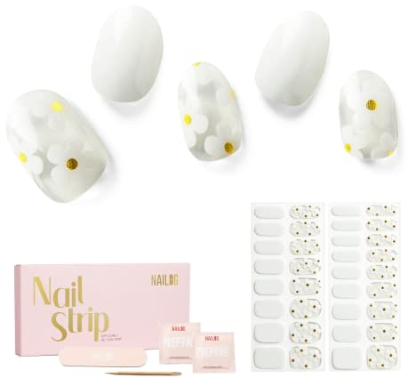 NAILOG Semi Cured Gel Nail Strips, 34 pcs Salon-Quality Gel Nail Stickers, Long Lasting Nail Wraps for Women with Soft Gel Finish, White Petals