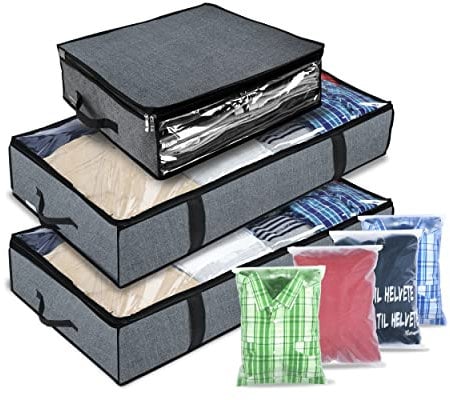 Mintry 90L Underbed storage boxes- Pack of 3 under bed storage box with 4x Bonus Large Zip lock Bags- Clothes storage boxes with lid & PVC Window For Quilts, Blankets & Clothes