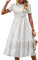 BebreezChic Damen Sommerkleid Maxikleider Kurzarm Rundhals Swiss Dot Rüschen Falten Einfarbig Casual Elegant Cocktailkleid, Weiß L