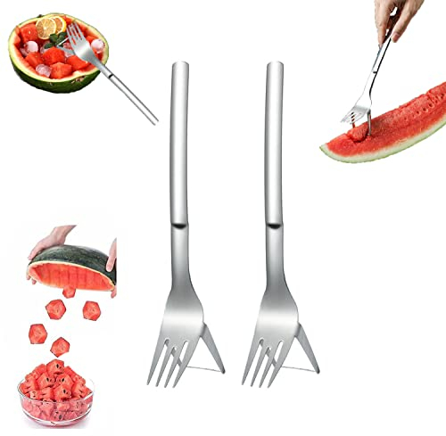 2 in 1 Watermelon Fork Cutter,Watermelon Cutter, Watermelon Slicer, Melon Cutter,Stainless Steel Watermelon Cutter Slicer Tool Quickly, Fruit Cutting Tool for Kitchen Gadget