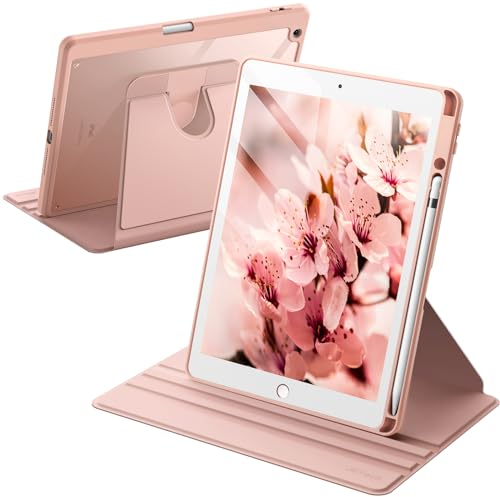 JETech Rotierende Hülle für iPad 9/8/7 (10,2 Zoll, Modell 2021/2020/2019, 9./8./7. Generation) mit Stifthalter, 360 Grad Drehbare Schutzhülle Ständer, Transparente Rückseite (Roségold)