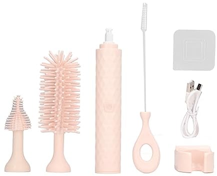 Electric Baby Bottle Brush Cleaning Brush Set with 2 Speeds and Rotating Silicone Bristles,Bottle,Pacifier,Straw Brush Cleaner (Pink)