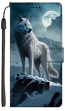 EuoDuo Coque Compatible avec Huawei P30 Lite Étui Rabattable Motif Loup Blanc Housse Portefeuille Flip Cover Magnétique PU Cuir Pochette Portable Antichoc Protection