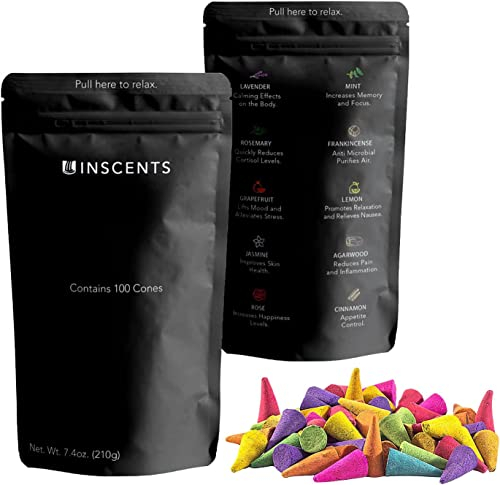 Inscents Waterfall Essential Relaxing Rückfluss-Räucherkegel, 100 % natürliche Düfte, 100 Stück, verbessert Meditation und Achtsamkeit, inklusive Rose, Lavendel, Minze, Zitronengras und mehr, längere