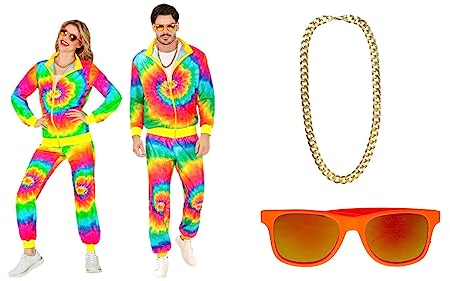 80er Jahre Batik Trainingsanzug Gr. S-XXL – Unisex - Rainbow - mit Brille und Goldkette M - 170-175cm
