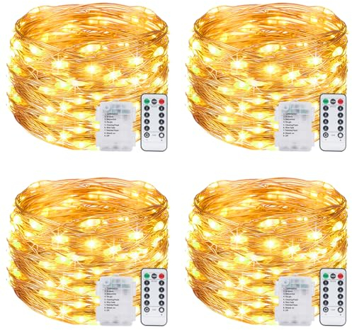 kolpop 4 Piezas Guirnalda Luces Pilas,12M 120 LED 8 modos de luz y control remoto con temporizador, para Exterior/Interior Decoración, Jardin, Fiesta, Navidad, Halloween, Bodas