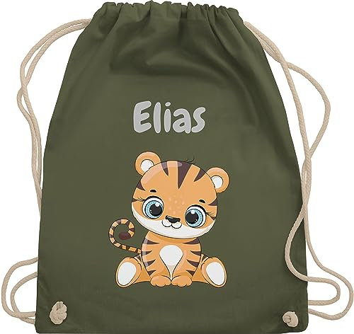 Turnbeutel Rucksack - Tiere - Süßer Tiger Tigers Wildkatze - Unisize - Olivgrün - wechselwäsche beutel kita personalisierter stoffbeutel kinder personalisierte geschenke motiv sportbeutel tasche