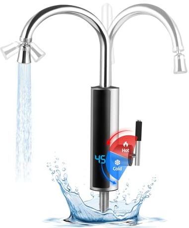 Heiß- Und Kaltwasserhahn, Elektrischer Wasserhahn aus Edelstahl, Küchenarmatur Mit LED-temperaturanzeige, Küchenarmatur Mit Elektrischem Warmwasserbereiter, 360° Drehbares Wasserhahnzubehör(02)