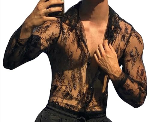 AIEOE Men's See-Through Tops Sheer Long Sleeve T-Shirt Mesh Hollowed Out Shirt Sexy Clubwear Black 03 UK Size L/Label Size XL