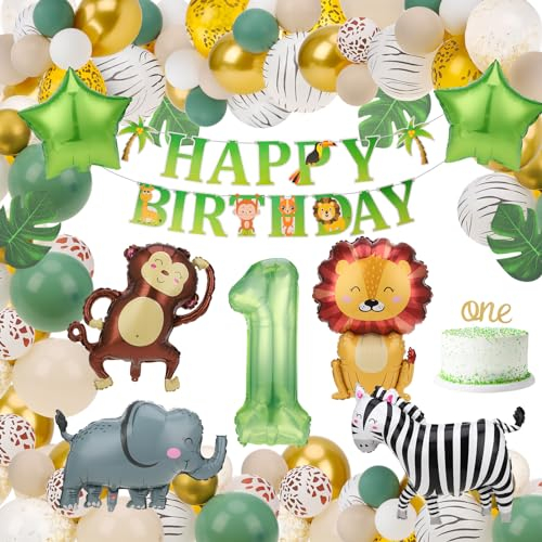 Camptrip 63 Stück Deko 1. Geburtstag, Luftballon 1. Geburtstag Junge Mädchen Wild One Geburtstag Deko Dschungel Geburtstagsdeko 1 Jahr Safari Waldtiere Dekoration Mädchen Junge( One)