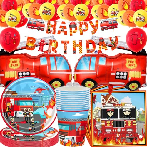 Set de décoration d'anniversaire camion de pompier,80 pièces vaisselle de fête camion de pompier avec ballons Set d'accessoires de fête,Assiette en carton pompier Enfants Party Deko 20 invités