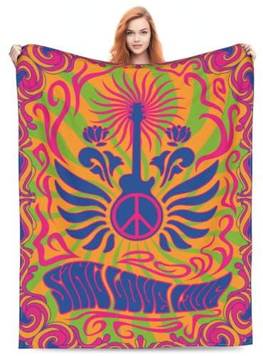 Zeleda Hippie-Decke, Hippie-Gitarre, Überwurf, Decke, 152,4 x 127 cm, Vintage-Musikdruck, Überwurf, Decken, 1960er, 70er-Jahre, Hippie-Hintergrund, große Couch, Sofa, Stuhl, Friedenssymbol, Auge,
