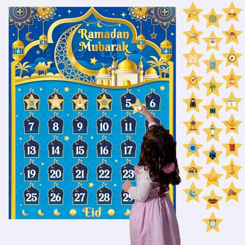 Ramadan Adventskalender Eid Kalender Countdown Blau, Ramadan Dekorationen 2024 Ramadan Kalender für Kinder, Ramadan Countdown Kalender für Ramadan-Spiele, mit 30 Sternen Aufklebern