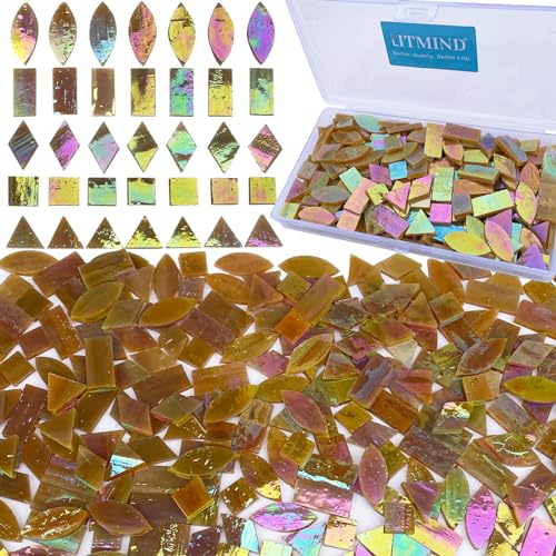 LITMIND Braune schillernde Buntglas-Mosaikfliesen zum Basteln, 240 Stück, 5 Formen gemischt (Rechteck, Dreieck, Raute, Quadrat, Blatt) – Ideal für Mosaikherstellungsprojekte