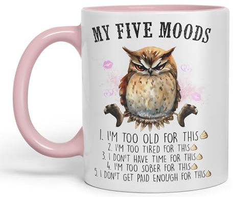 Vixar My Five Moods owl Sarcastic Joke Ceramic Coloured Mug Cup for Tea Coffee Hot Brew 330ml 11Oz (Pink)