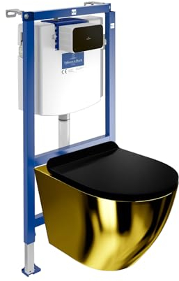 Lavita ViConnect H112 Vorwandelement Unterputz WC mit Bedienplatte + Wand Hänge Tiefspül WC Sofi Slim Gold/Black Spülrandlos + WC Sitz Komplettset Unterputz Spülkasten Toilette Komplett Sett WC