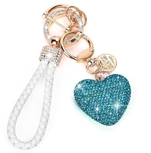 RIXERKOC Porte-clés auto pour femmes avec strass scintillant en forme de coeur, porte-clés mignons pour femmes, cadeau personnalisé pour Noël et anniversaire (Bleu)