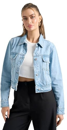 shelikes Womens Denim Jacket Crop Cargo Style Long Sleeve Button Up Slim Fit Vintage Jean Jacket (Bleach, 14)