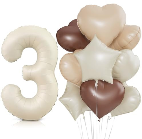 Beige Luftballon 3.Geburtstag,Cremeweiß 3. Geburtstag Ballon Deko,XXL 40 Zoll luftballon 3.，Beige Aprikose Braun Herz Stern Folienballons，für 3 Jahre Geburtstagsdeko Jubiläum Party Dekoration