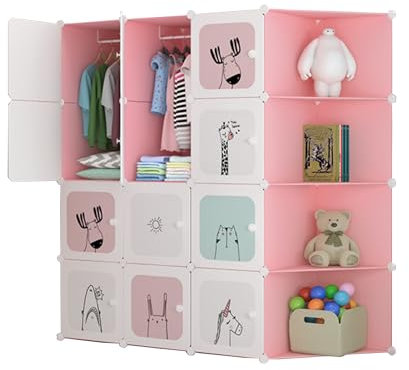 MAGIC SELECT Kinder Kleiderschrank, Modulregal, Kinderkleiderschrank, modularer Organizer, Aufbewahrungsregal für zu Hause, 16 Module, 140x105 cm Rosa