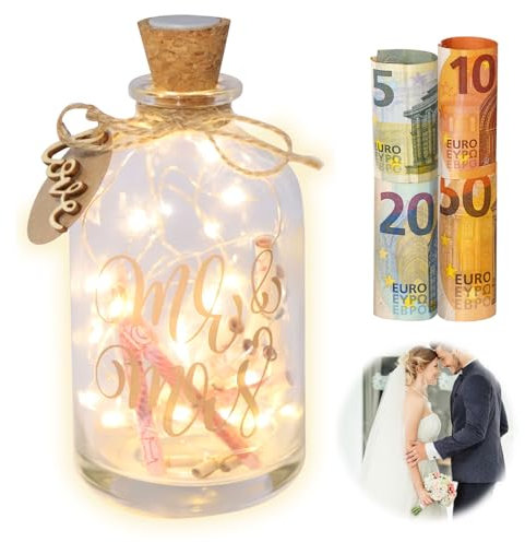DAWRIS LED Flaschenlicht Hochzeit Hochzeitsgeschenke für Brautpaar Einzigartiges Hochzeitsgeschenk Geld Spardose Hochzeit Geldgeschenk Personalisiert Geldgeschenke Hochzeit (Mr. & Mrs.)