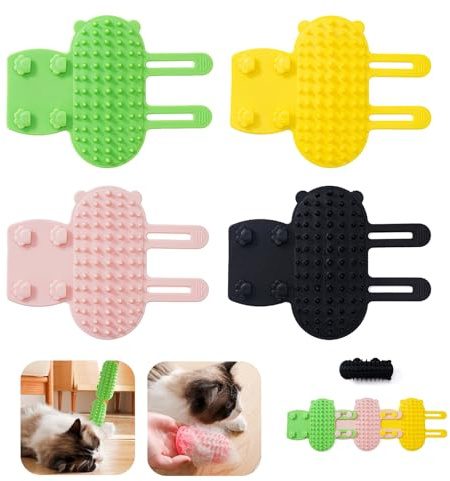 KASESSS 4 Pezzi Spazzola per Gatti Autopulente, Silicone 2 in 1 Spazzola Gatto per Antiprurito e Massaggio, Spazzola Gatti con cinturino Regolabile, Self Graffi Spazzola peli Gatto per Gambe Tavolo