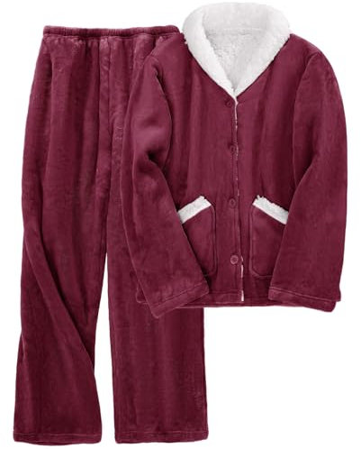 CMTOP Pigiama Donna Invernale Flanella Pigiama Set Termico Pigiama in Pile Due Pezzi per La Casa Felpato Pigiama con Bottoni e Pantalone Lungo da Notte Pigiama Elegante con Tasche(Bordeaux, L)