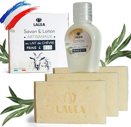 Ziegenmilchseife (3x 100g) | Geschenk-Lotion (30 mL) | Handgemacht in Frankreich, Natürliche Ziegenmilchmaske, Gesichtspeeling, Anti Pickel, Anti Akne, Feste Gesichtsreinigung, geschenkidee