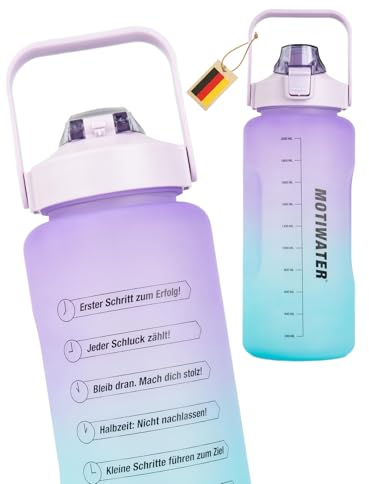 MOTIWATER Trinkflasche 2L, deutsch, Motivation, Spühlmaschinen geeignet, Wasserflasche Auslaufsicher, BPA Frei, Sportflasche mit Zeitmarkierung (Lila/Blau (schwarze Schrift))