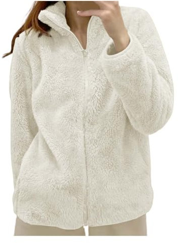 Generico Felpa Donna Pile Invernale Caldo con Cerniera Giacca da Camera Donna Invernale Corta Pile Senza Cappuccio Giacche Invernale con Pile Tinta Unita Cappotto Peluche Giubbotto Comoda (White, M)
