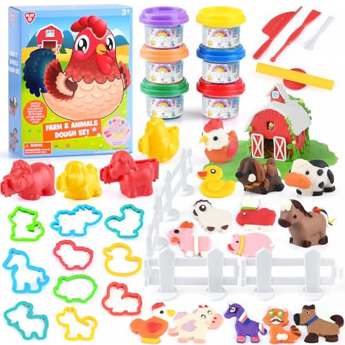 PLAY Nutztiere Knete Set für Kinder - Knete Zubehör Knete ab 3 jahre, Bauernhof Tiere Kinderknete mit knetwerkzeug 6 Dosen knetmasse, geschenk mädchen 4 5 6 7 8 9 10 jahre