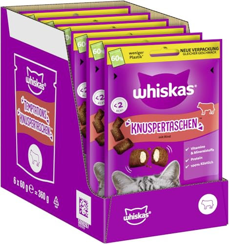 WHISKAS Knuspertaschen Katzensnacks mit Rind 6 x 60g – Leckere Rind-Snacks für Katzen
